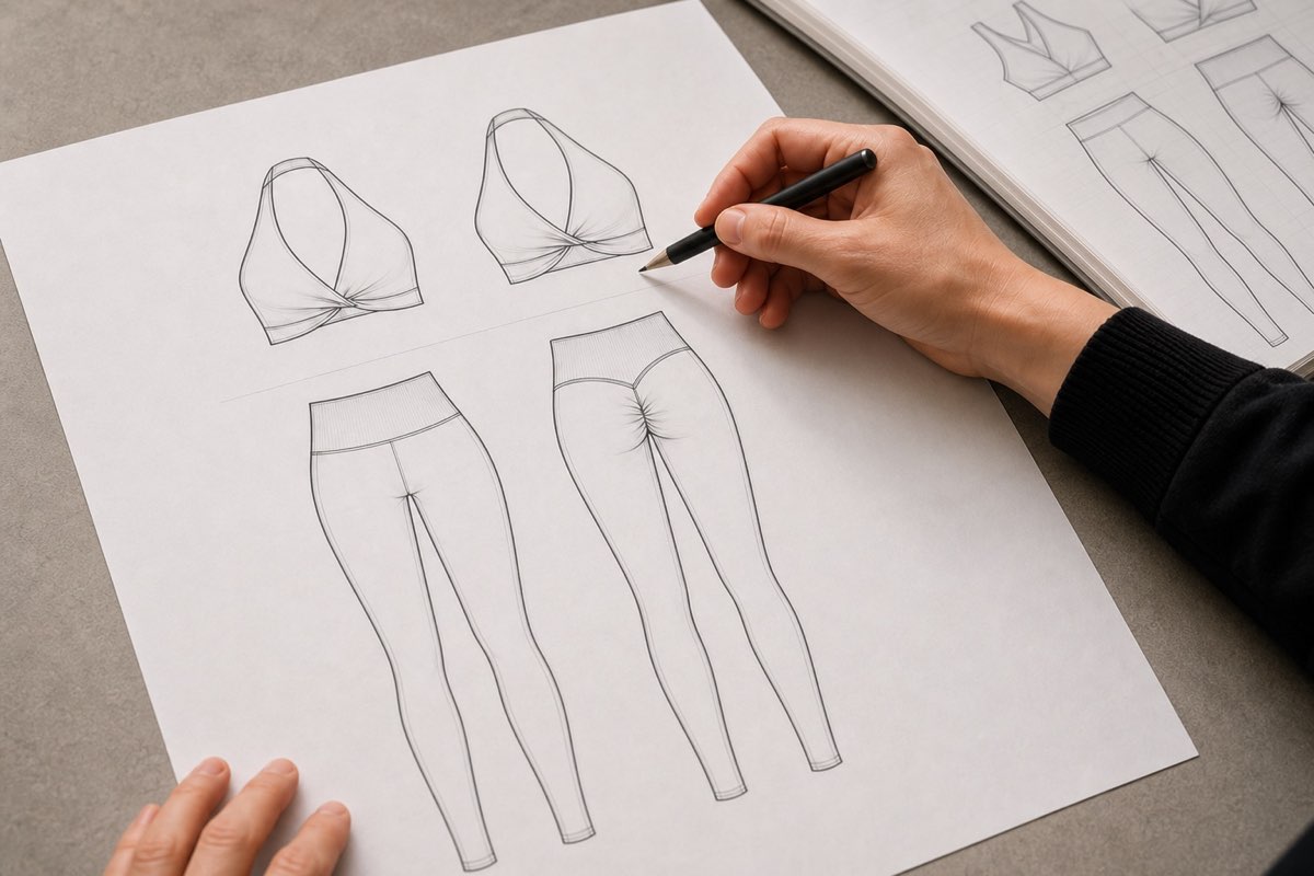 Product developer reviewing matching activewear technical drawings