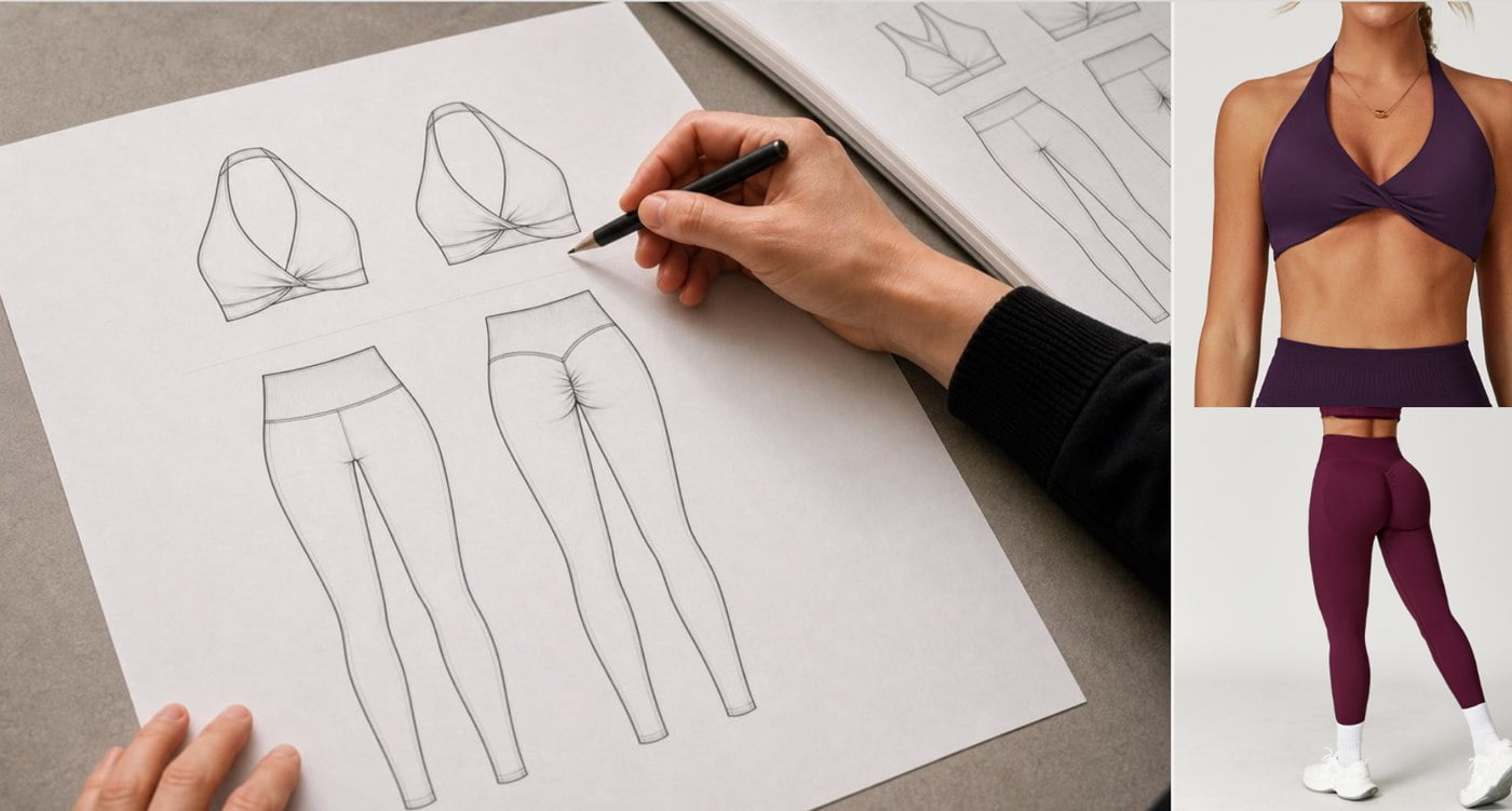 Activewear technical-drawing concept beside a real halter sports bra and high-waist leggings